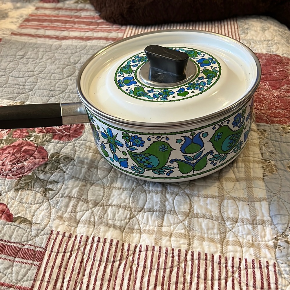 Enamel Fancipans MCM mid century blue green tulips birds saucepan lid